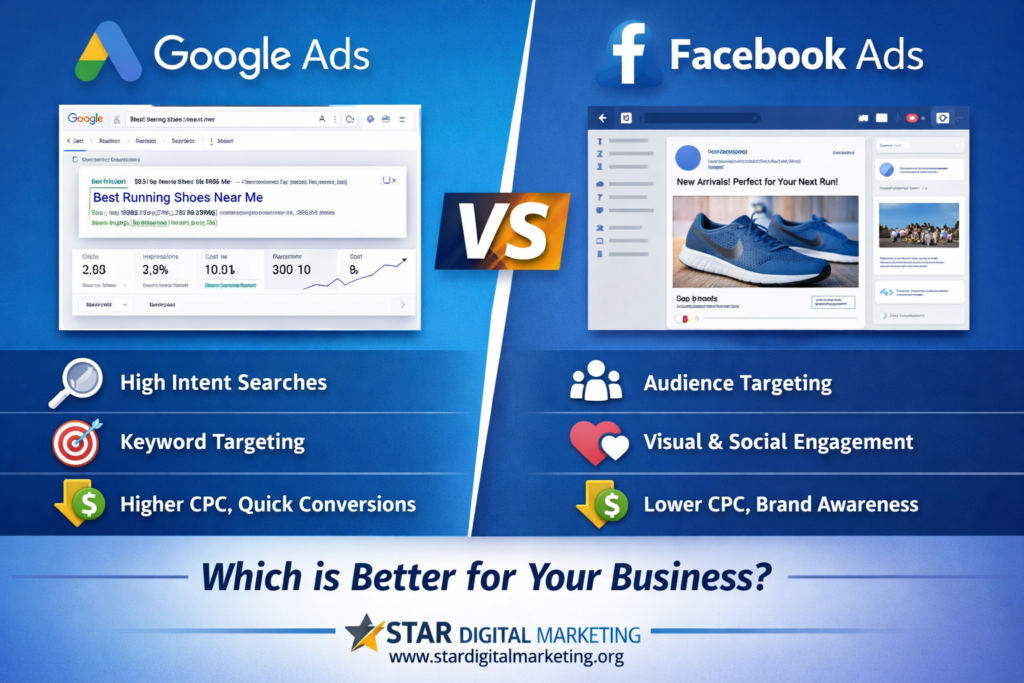 Side-by-side comparison of Google Ads and Facebook Ads dashboards showing key differences in targeting, CPC, conversions, and engagement for business campaigns.