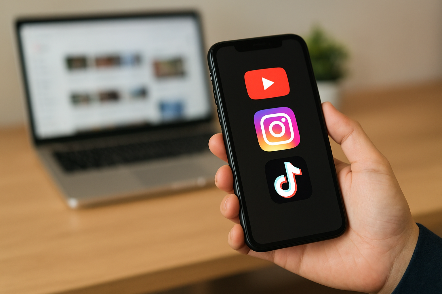 and holding a smartphone with YouTube, Instagram, and TikTok app icons displayed, with a blurred laptop in the background.