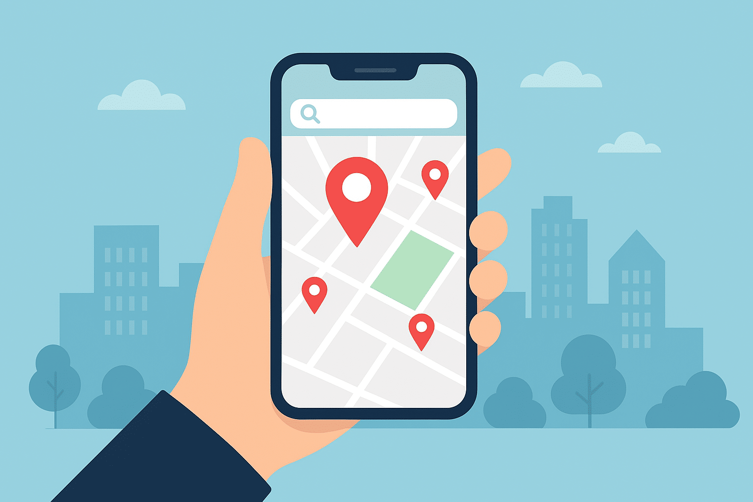 A hand holding a smartphone displaying a city map with multiple red location pins, with a cityscape in the background.