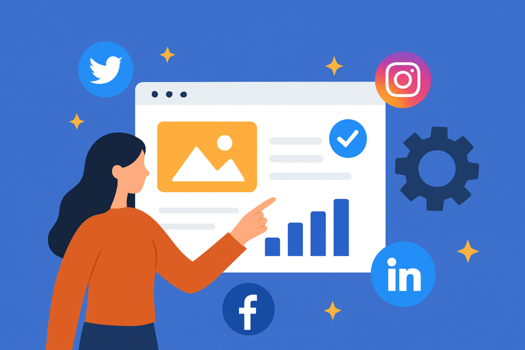 A woman analyzes social media performance data on a screen surrounded by icons of Facebook, Instagram, Twitter, and LinkedIn, symbolizing social media algorithms and engagement growth.