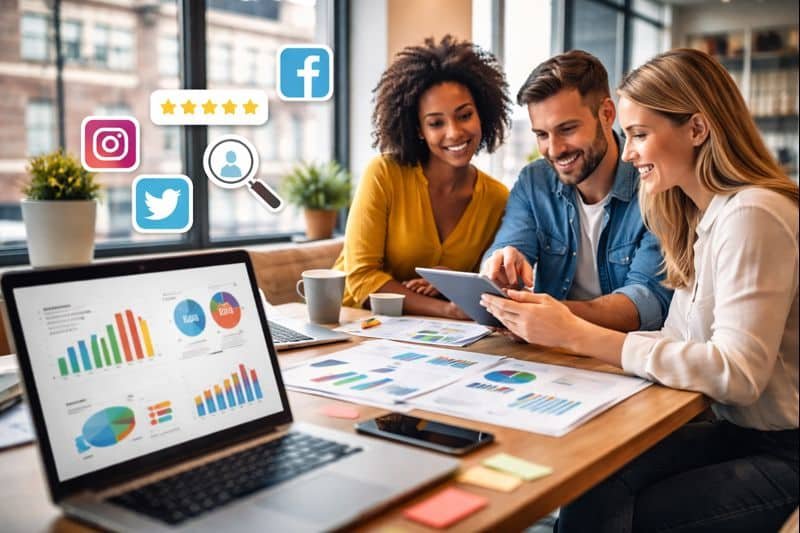 Digital marketing team reviewing social media performance and online reputation data in a modern office