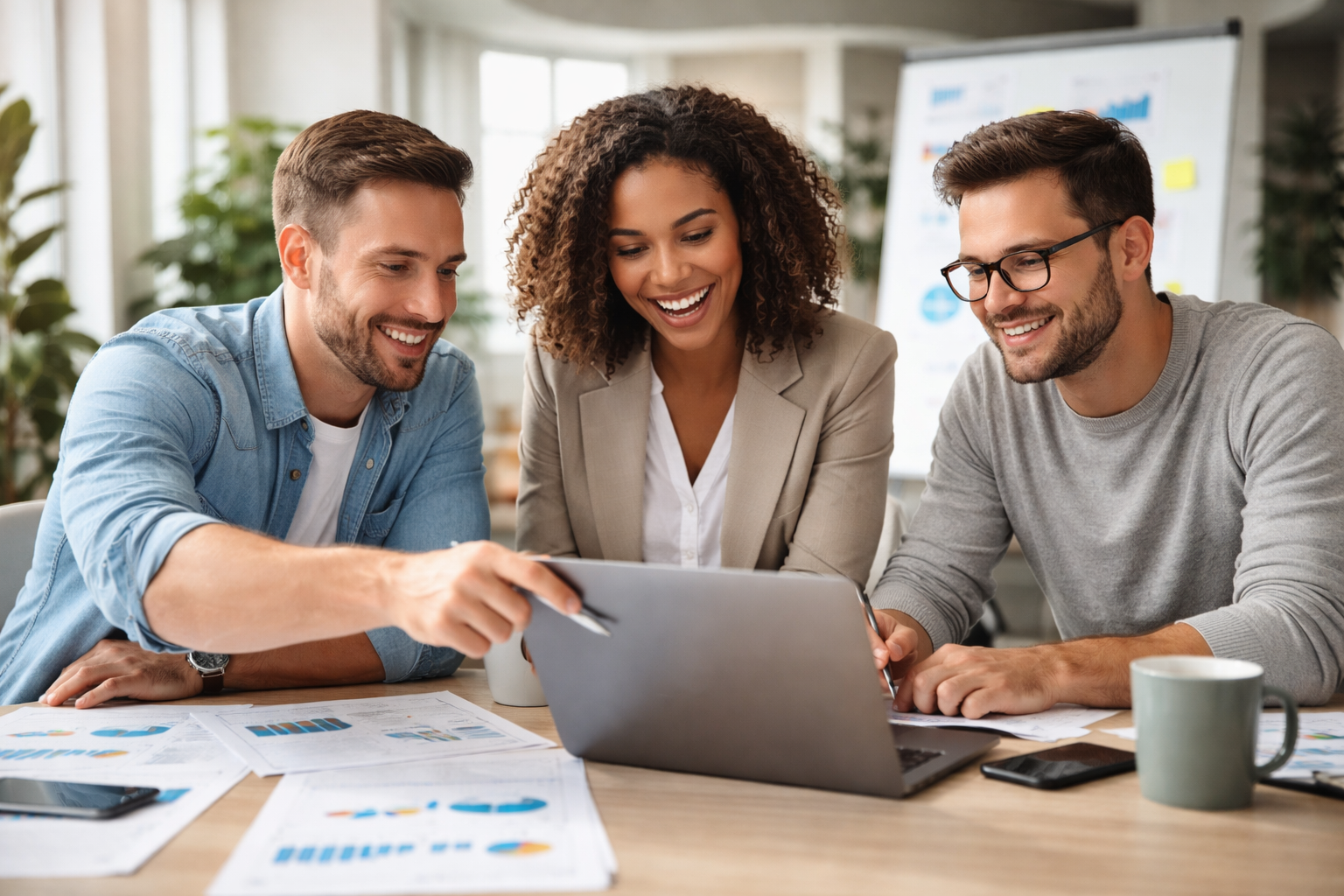 A diverse team of professionals collaborating around a laptop in a modern office, reviewing digital marketing data and growth analytics together.