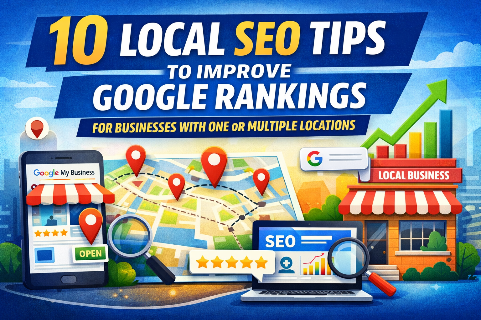 Local SEO concept illustration showing a small business storefront, Google Business profile on a smartphone, city map with location pins, magnifying glass, star ratings, and rising analytics graph representing improved Google rankings for multiple business locations.