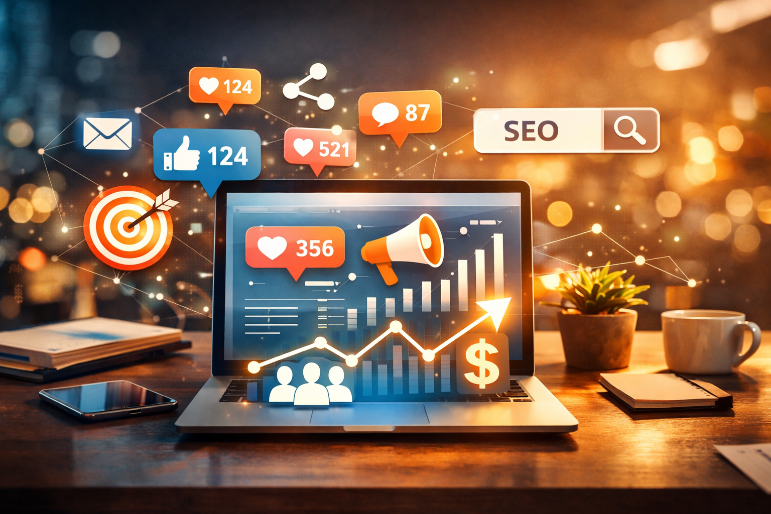 Laptop displaying analytics dashboard with growth chart and social media engagement icons floating above a desk, symbolizing digital marketing strategy and lead generation.