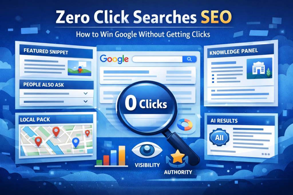Infographic showing zero click searches SEO with a Google search results page, highlighting featured snippets, knowledge panels, local pack, AI results, and “People Also Ask,” with a magnifying glass focusing on “0 clicks,” representing search visibility and authority.