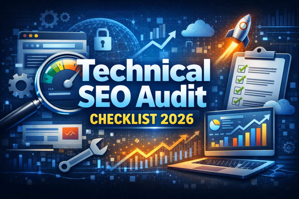 Technical SEO Audit Checklist 2026 concept illustration showing SEO analytics dashboard, magnifying glass audit tool, checklist clipboard, and rising website performance graphs.