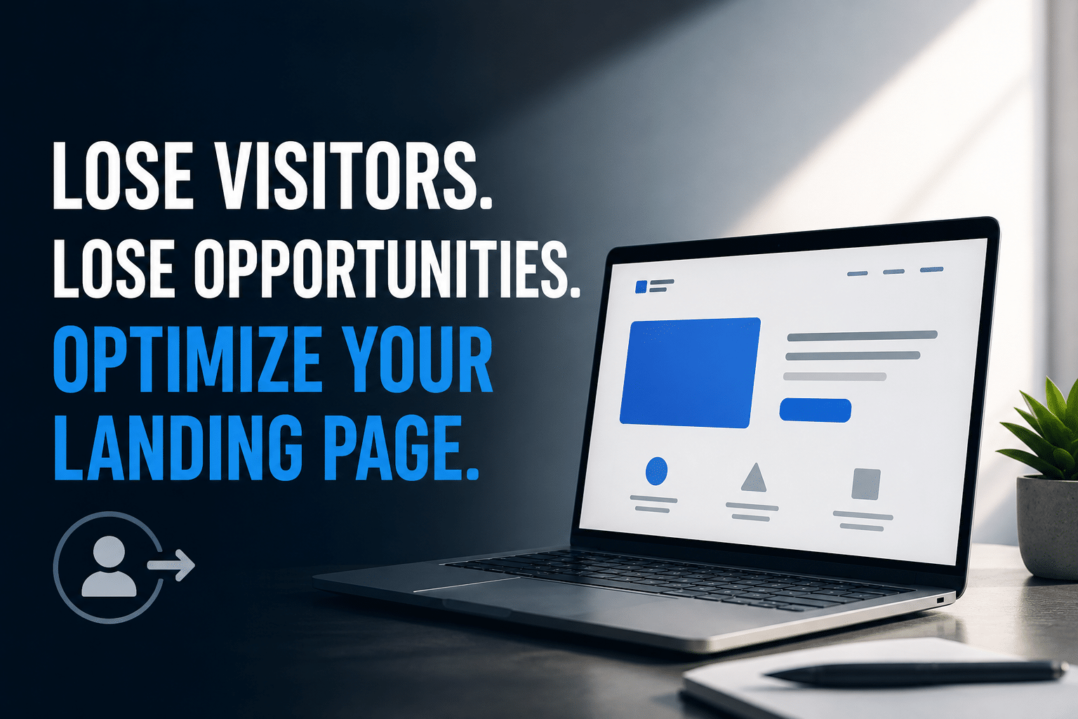 Minimalist featured image showing a modern laptop with a clean landing page interface beside bold text reading “Lose Visitors. Lose Opportunities. Optimize Your Landing Page.” The design uses dark gradients, blue accents, and a sleek workspace aesthetic to represent website conversion optimization and user engagement.