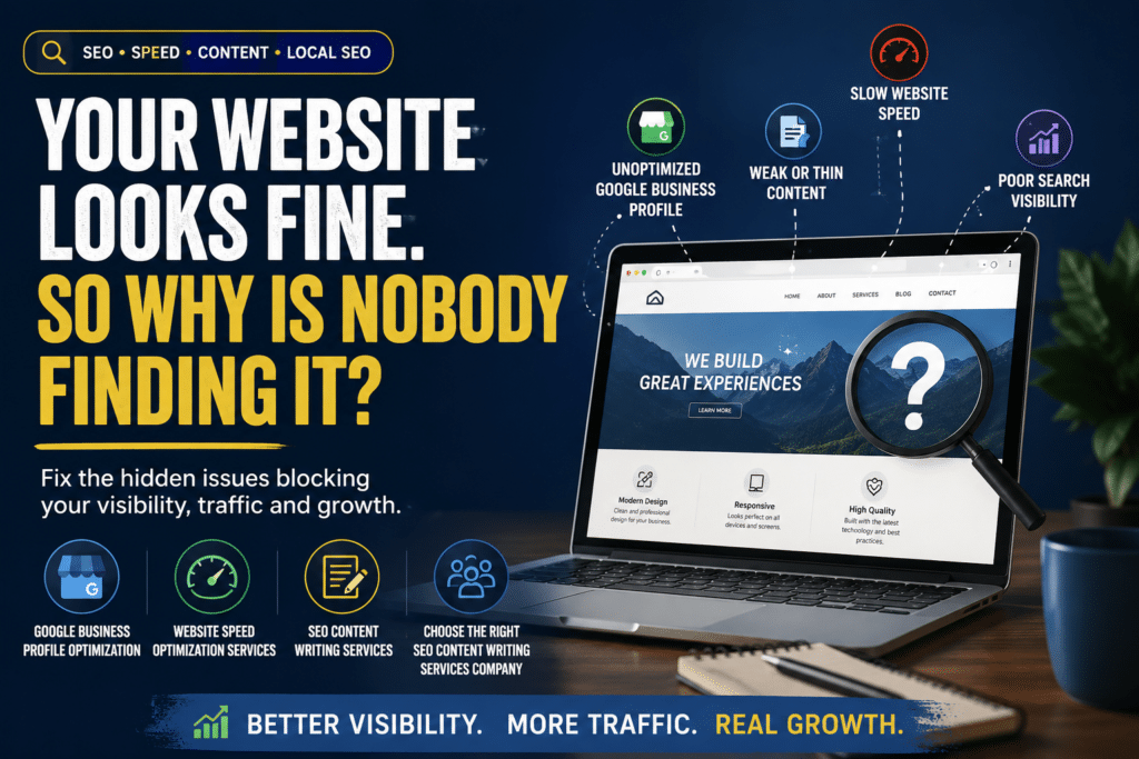 Laptop showing website SEO issues with icons for Google Business Profile Optimization, website speed optimization services, SEO content writing services, and online visibility improvement.