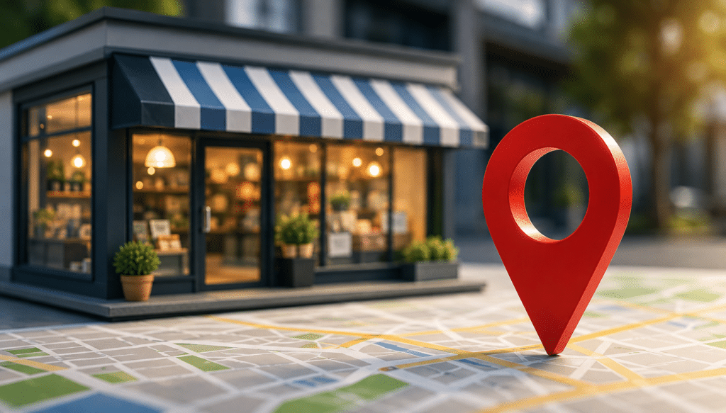 A modern storefront with large glass windows and warm interior lighting sits beside a prominent red location pin placed on a city map. The image represents local business visibility, online discovery, and digital presence in local search results.