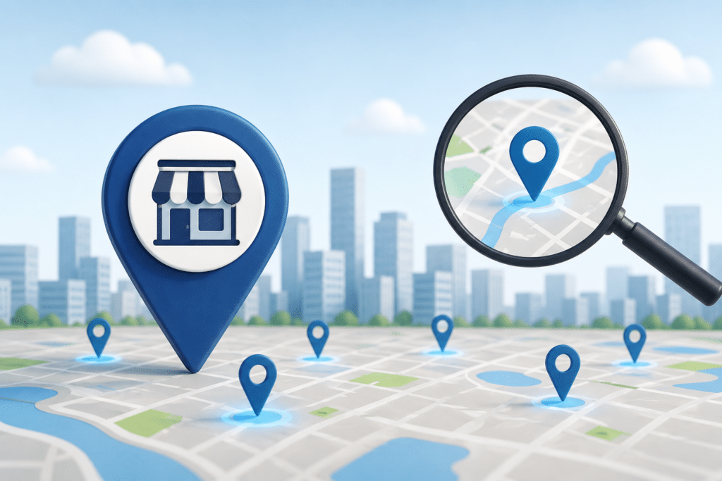 Local SEO for multi-location businesses illustration featuring multiple map pins, a storefront location marker, and a magnifying glass highlighting Google Maps search on a city map.