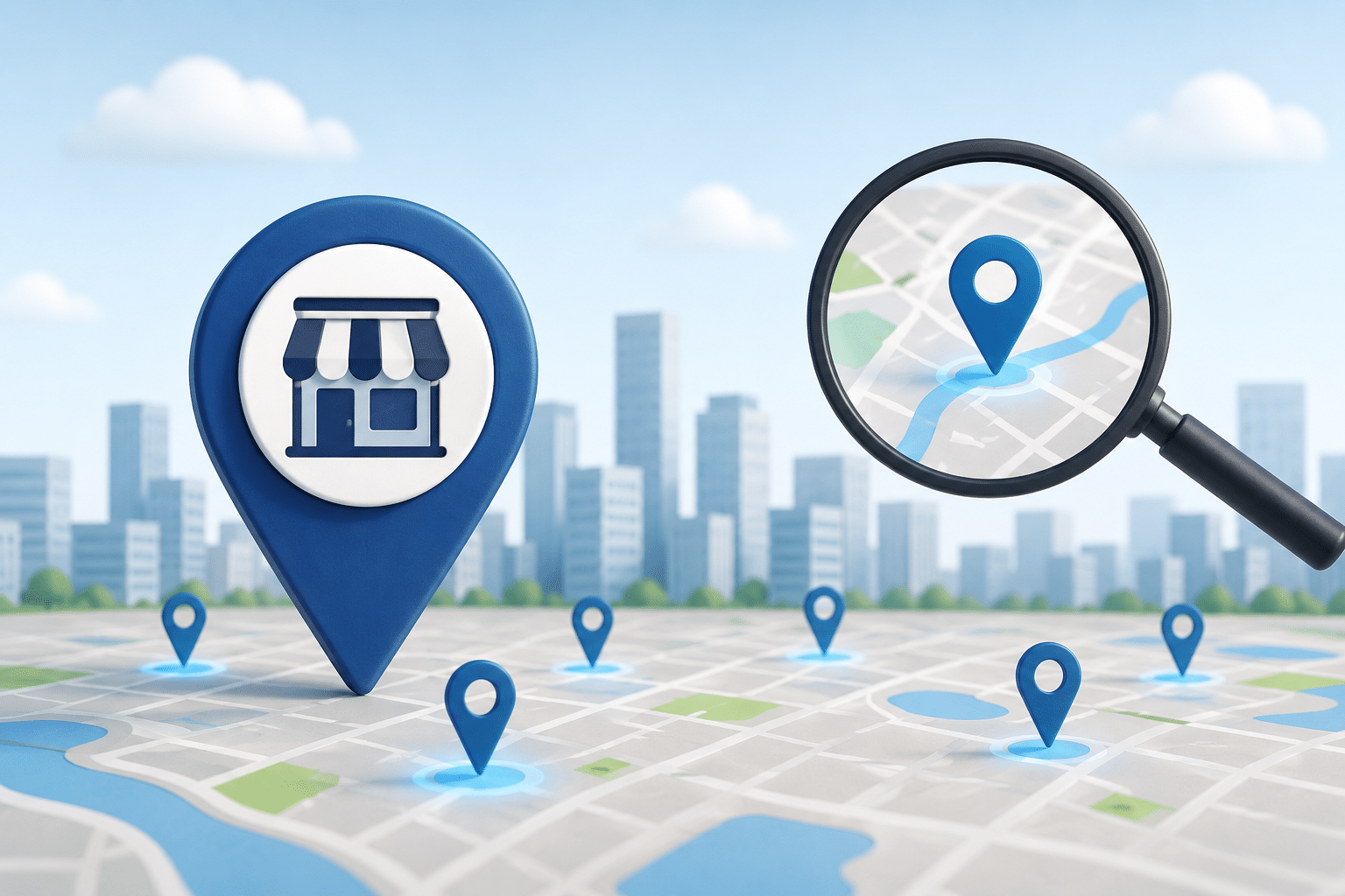 Local SEO for multi-location businesses illustration featuring multiple map pins, a storefront location marker, and a magnifying glass highlighting Google Maps search on a city map.