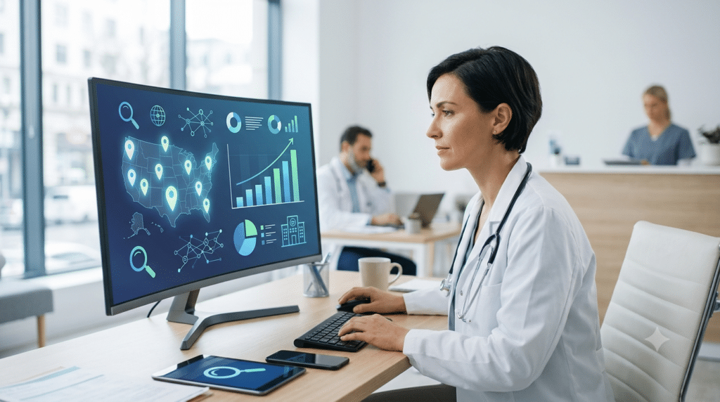 A female doctor wearing a white coat and stethoscope sits at a desk in a modern medical office, analyzing an online marketing dashboard on a wide desktop screen. The monitor displays a map with location pin icons, search magnifying glass symbols, and rising growth charts, representing healthcare SEO and local practice marketing.