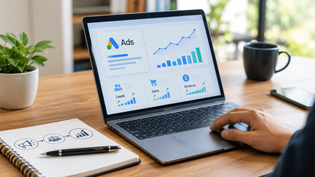 Marketing analytics dashboard on a laptop displaying advertising performance charts, leads, sales, and revenue growth in a modern office workspace.