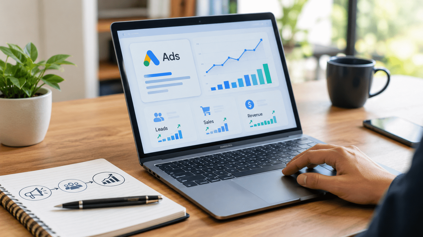 Marketing analytics dashboard on a laptop displaying advertising performance charts, leads, sales, and revenue growth in a modern office workspace.