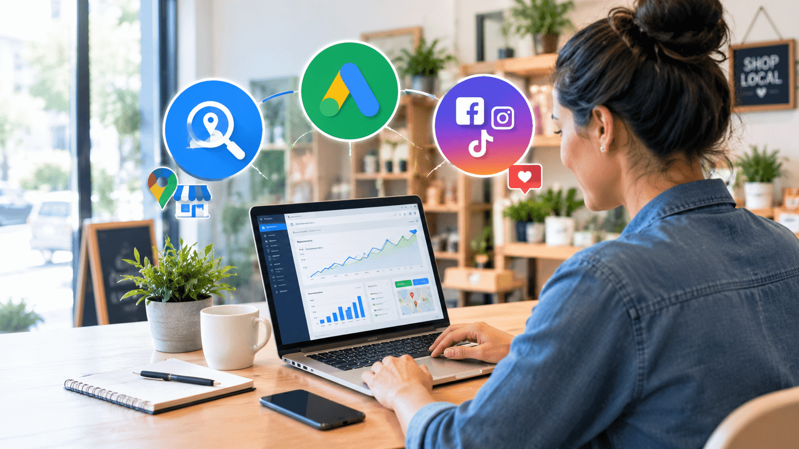 Local business owner reviewing SEO, Google Ads, and social media performance on a laptop.